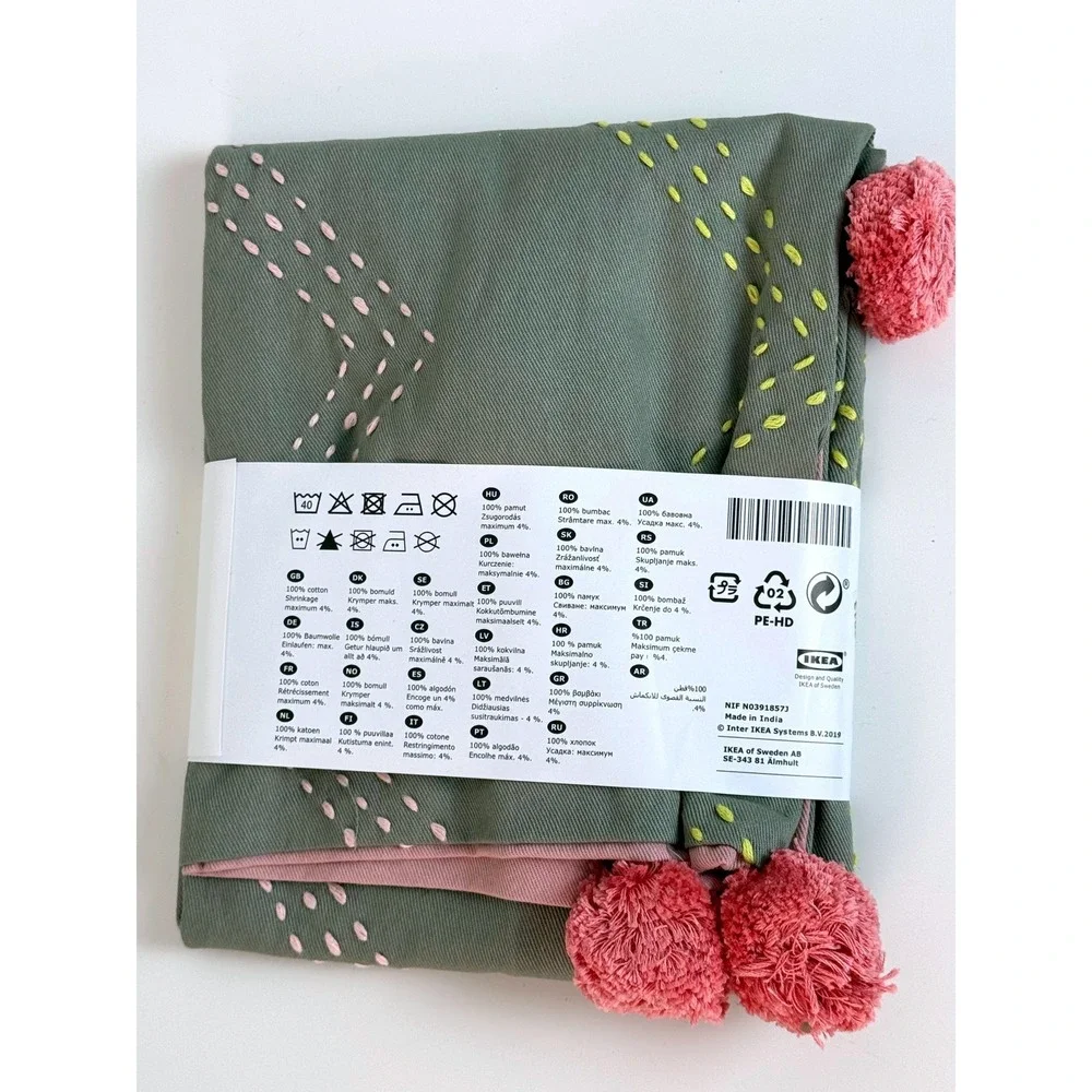IKEA MOAKAJSA Cushion Cover 16x26 Olive Green Pink Pom Poms Hand Embroidered NEW